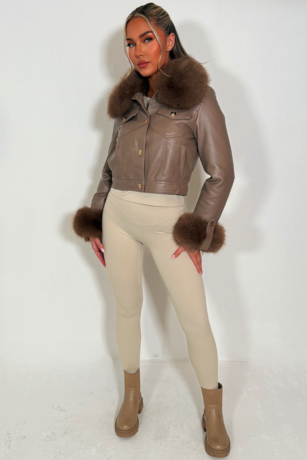 Adaline | Women’s faux leather bomber jacket with detachable faux fur trim