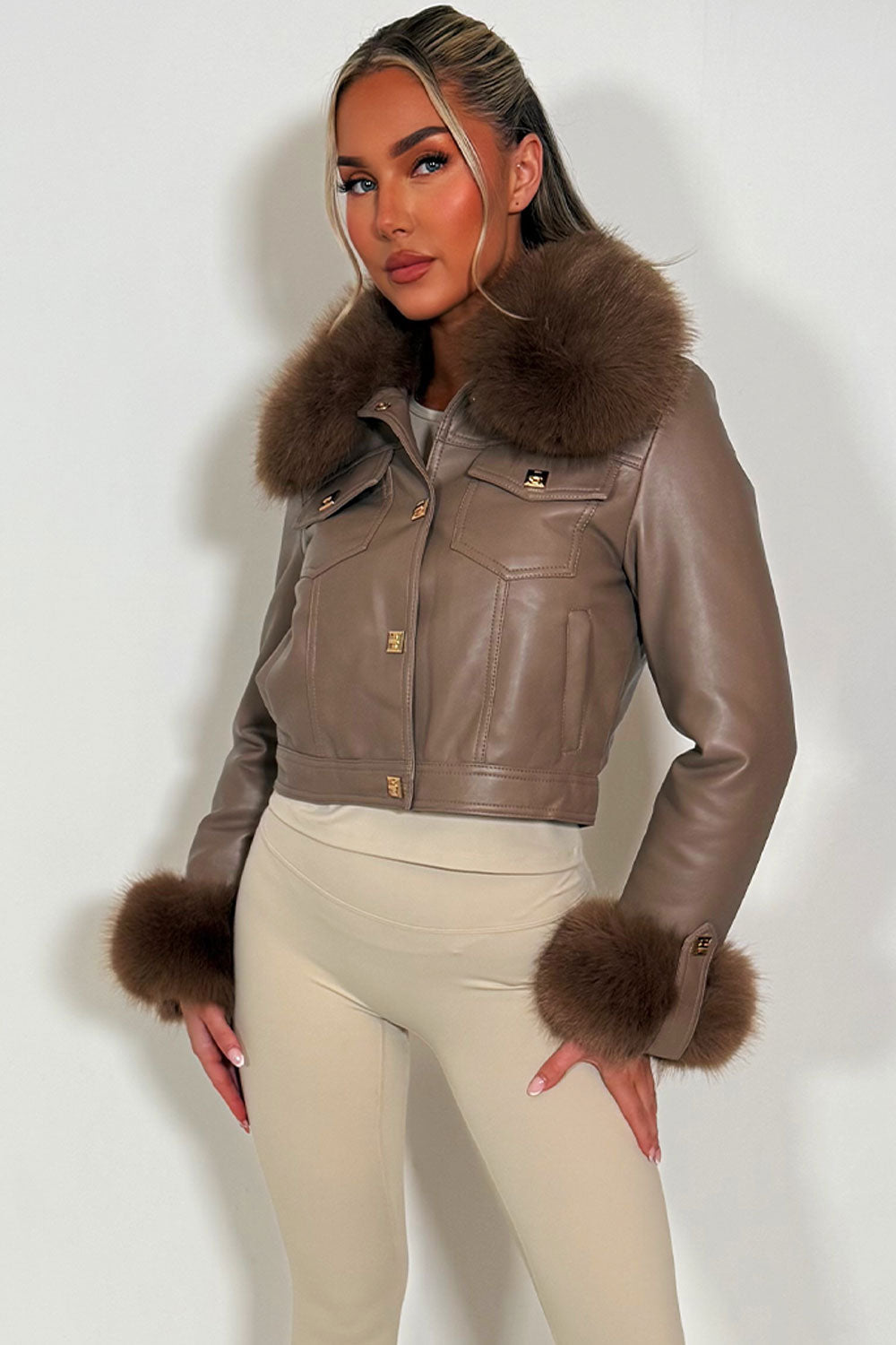Adaline | Women’s faux leather bomber jacket with detachable faux fur trim