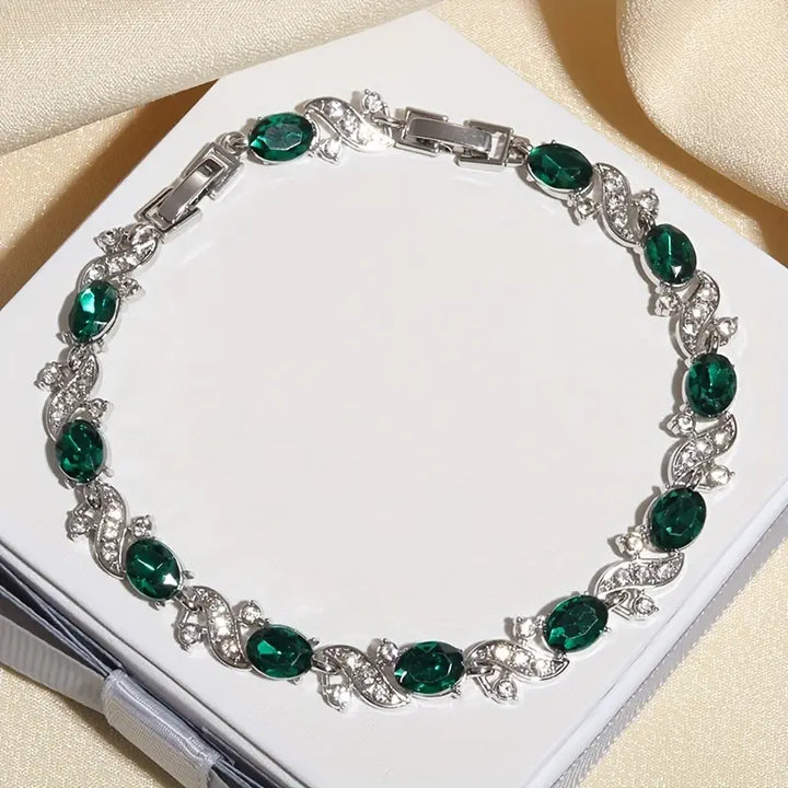 Glenda | Women’s bracelet with emerald stones and white-gold finish