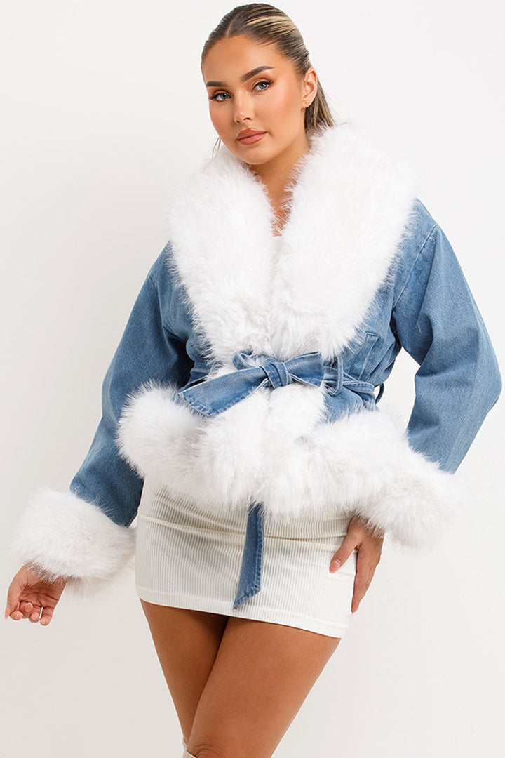 Anneliese | Women’s belted denim jacket with faux fur trim