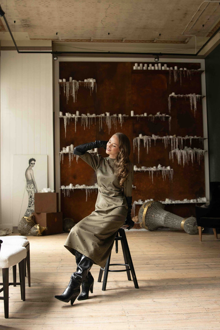 Ariana | Women’s long-sleeve midi dress with ribbon-tie back cutout and polka dot design