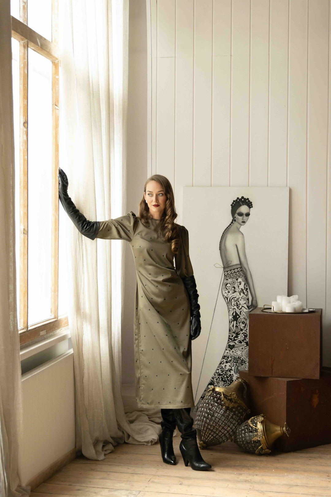 Ariana | Women’s long-sleeve midi dress with ribbon-tie back cutout and polka dot design