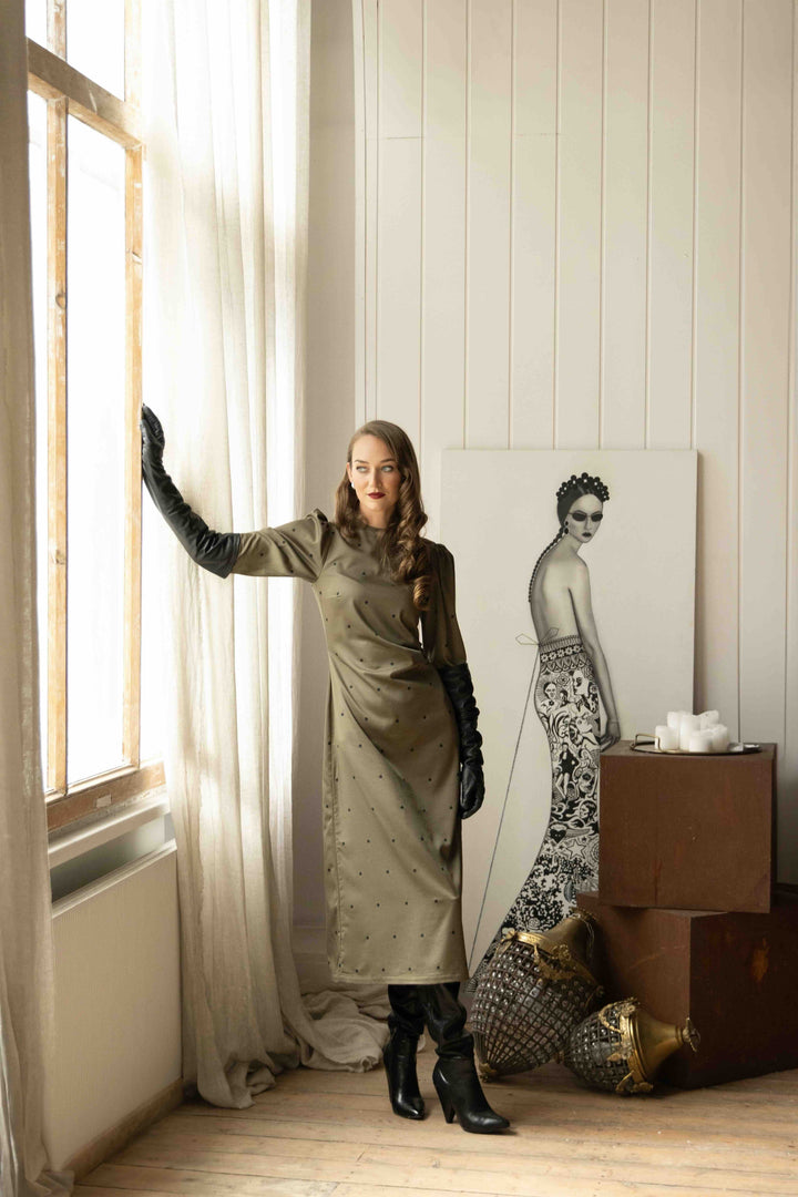 Ariana | Women’s long-sleeve midi dress with ribbon-tie back cutout and polka dot design