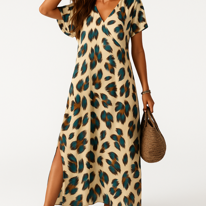 Lara | Women’s maxi dress with v-neckline, pleated detail and side slit