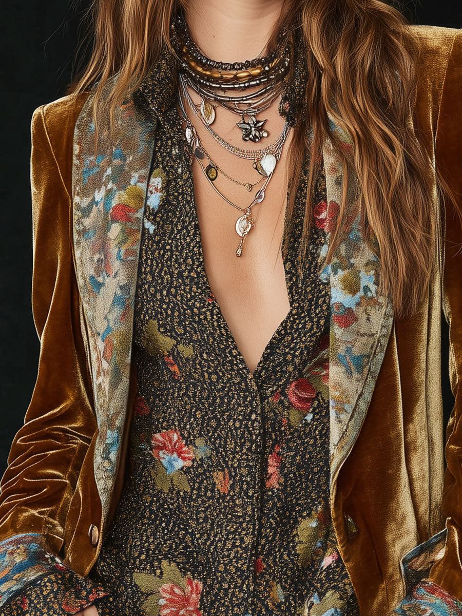 Raelynn | Women’s velvet floral patchwork blazer with vintage lapel
