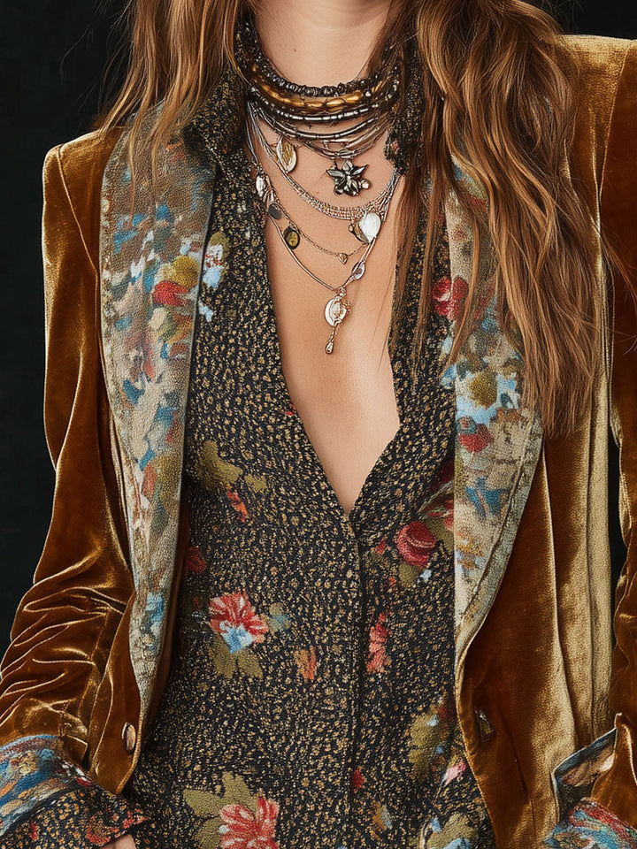 Raelynn | Women’s velvet floral patchwork blazer with vintage lapel