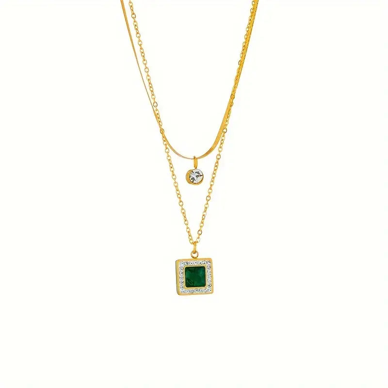 Emma | Women’s layered necklace with emerald pendant and crystal accent
