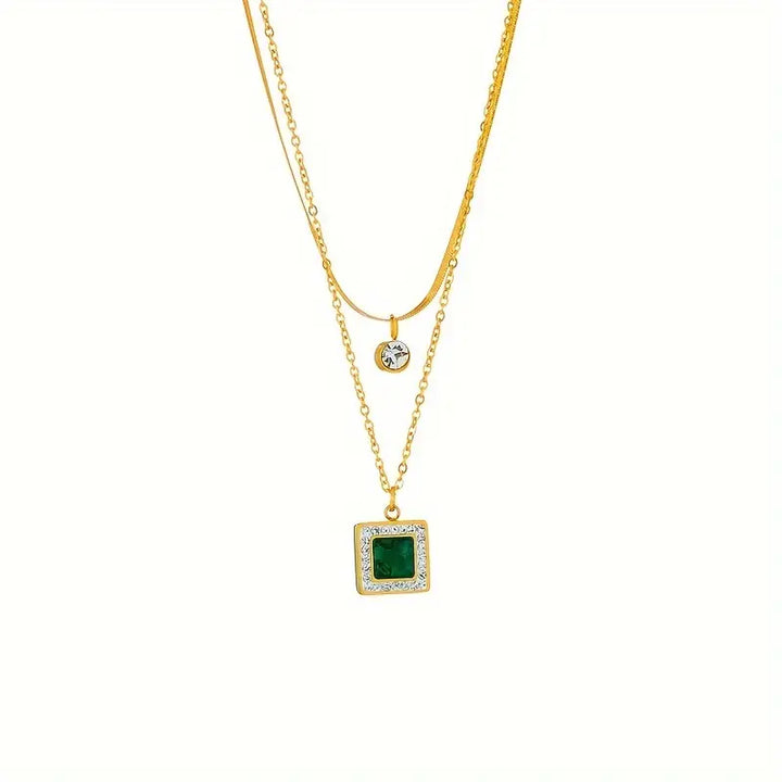 Emma | Women’s layered necklace with emerald pendant and crystal accent