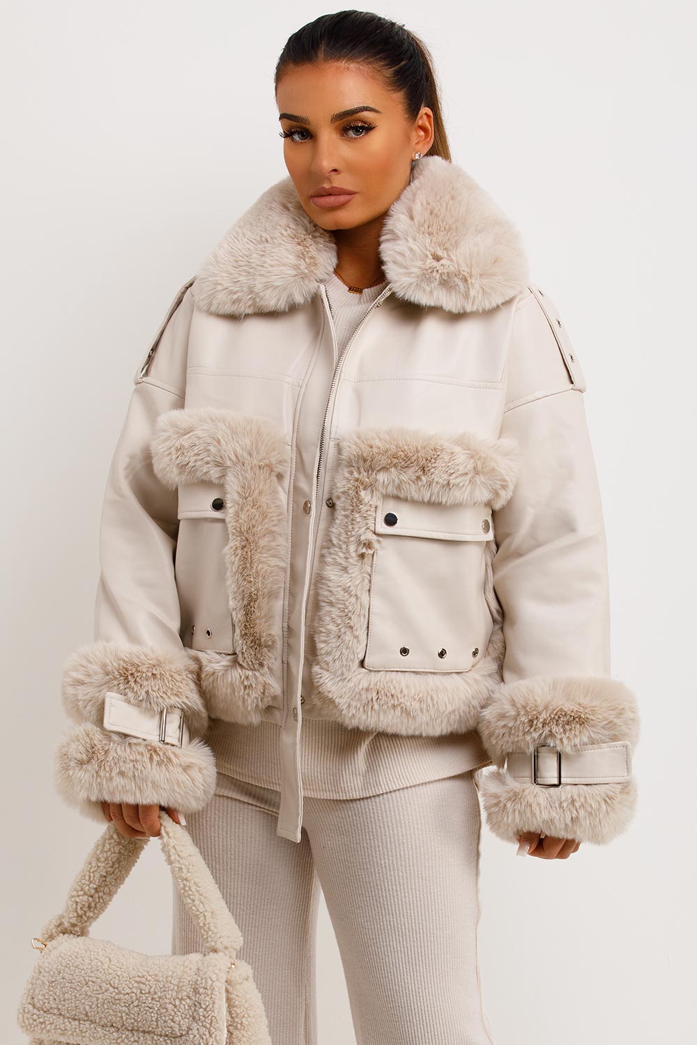Danika | Women’s faux leather jacket with faux fur trim