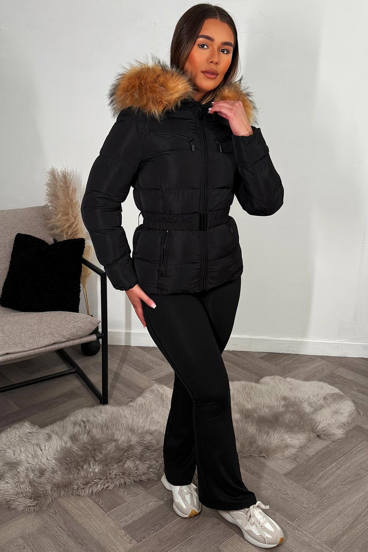 Maisyn | Women’s belted puffer jacket with faux fur hood