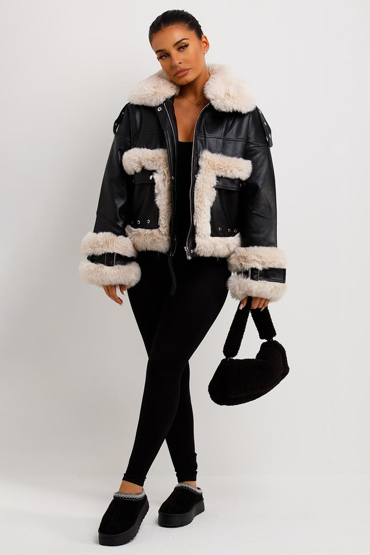 Kaelie | Women’s faux leather jacket with faux fur trim
