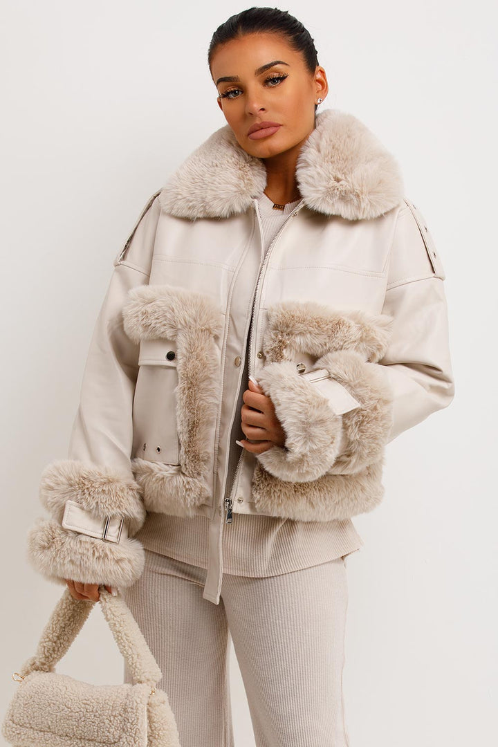 Danika | Women’s faux leather jacket with faux fur trim