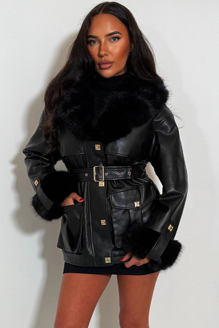 Zinnia | Women’s faux leather jacket with faux fur collar and cuffs