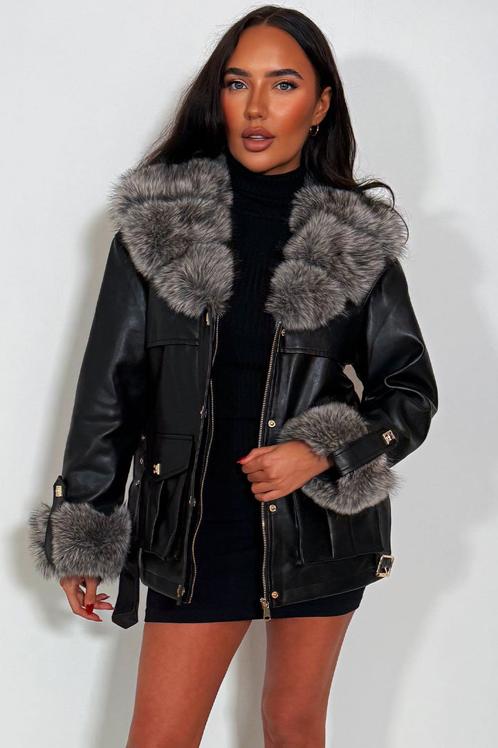 Callista | Women’s faux leather jacket with faux fur collar and cuffs