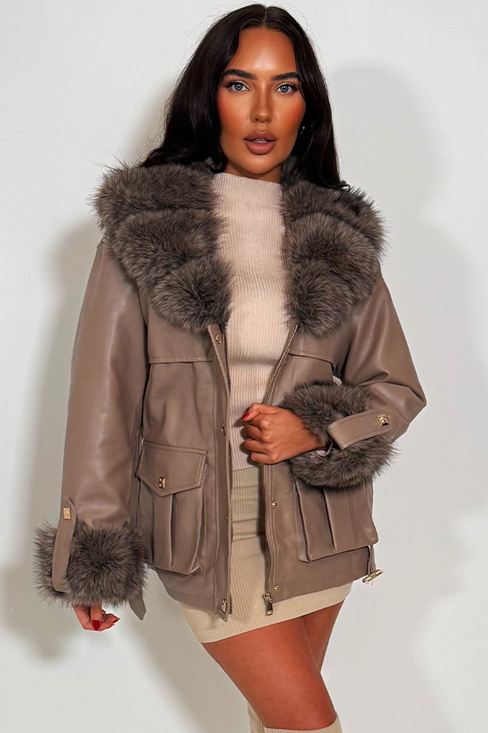 Brisa | Women’s faux leather jacket with faux fur collar and cuffs