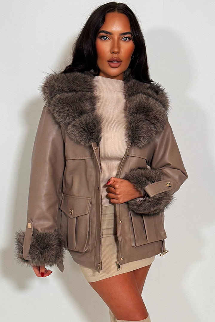 Brisa | Women’s faux leather jacket with faux fur collar and cuffs