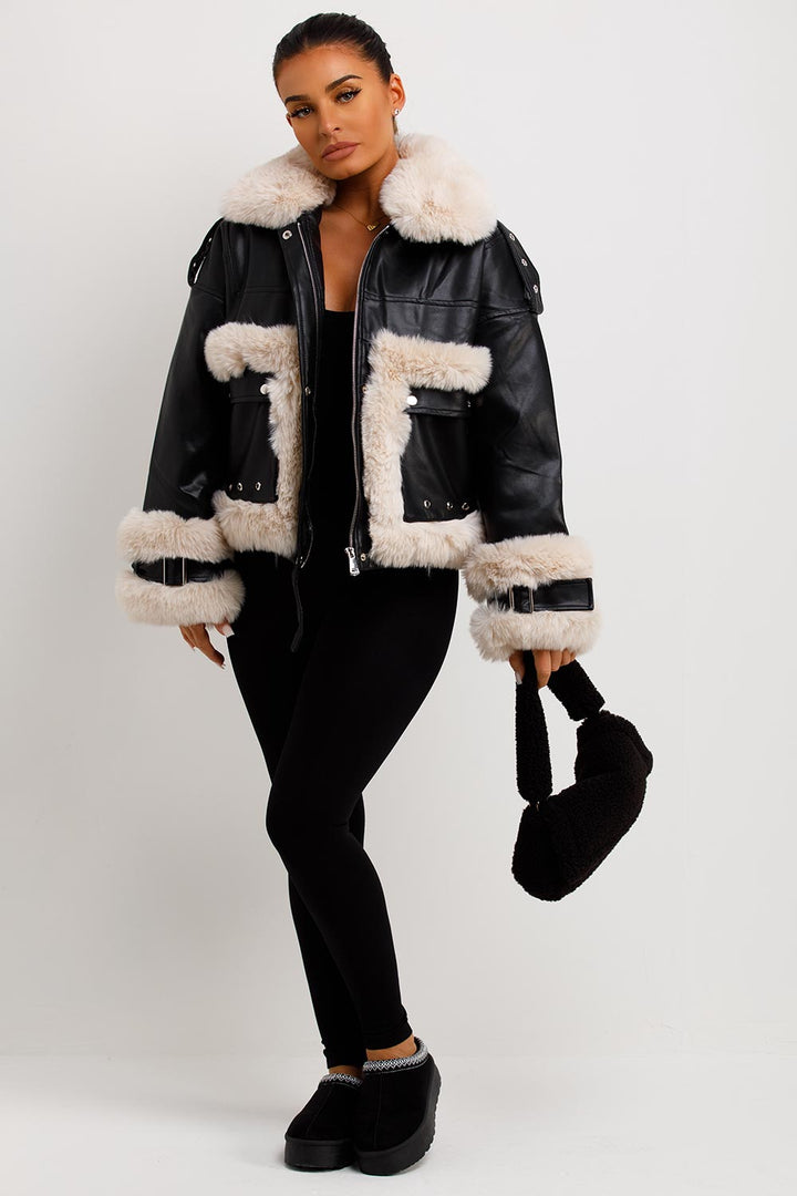 Kaelie | Women’s faux leather jacket with faux fur trim