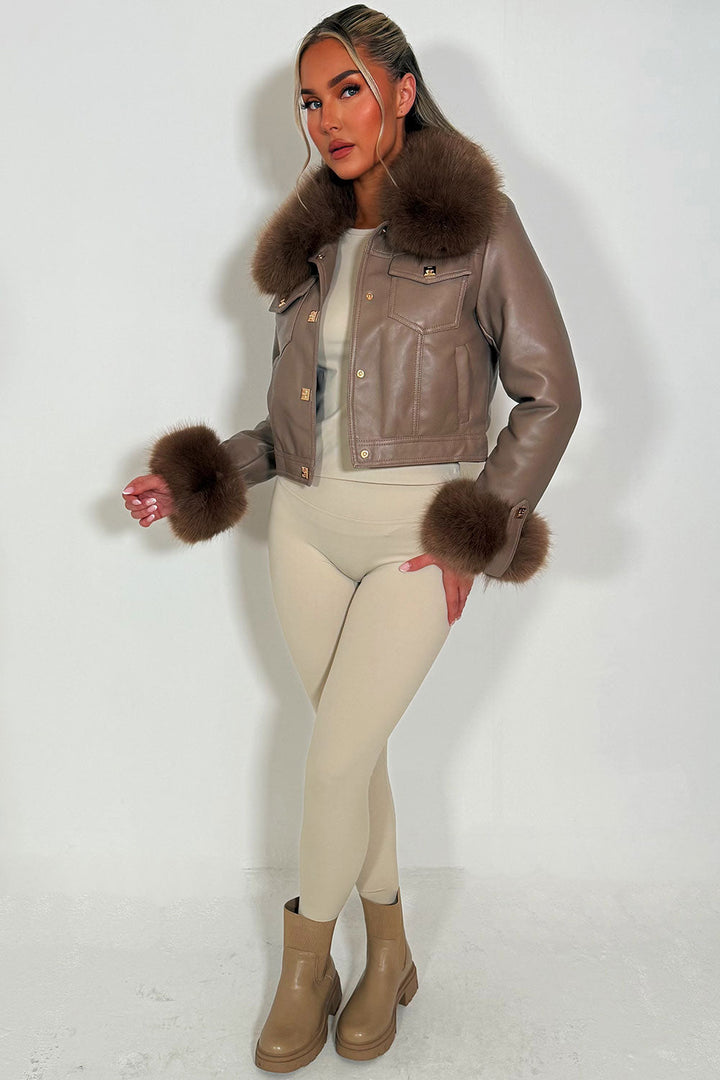 Adaline | Women’s faux leather bomber jacket with detachable faux fur trim