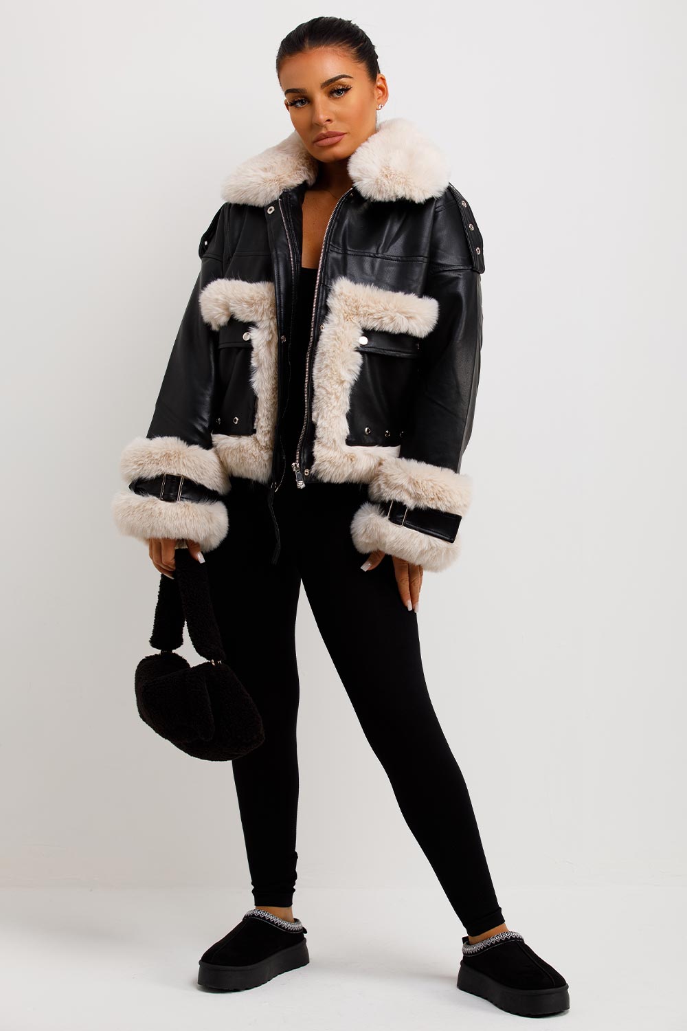 Kaelie | Women’s faux leather jacket with faux fur trim