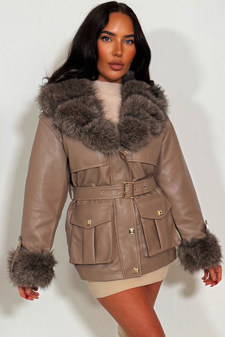 Brisa | Women’s faux leather jacket with faux fur collar and cuffs