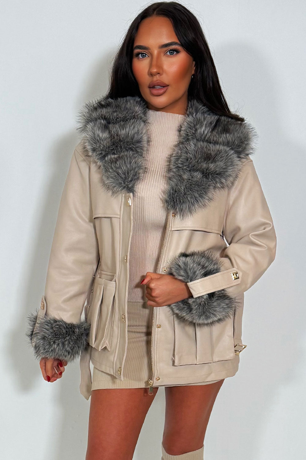 Saori | Women’s faux leather jacket with detachable faux fur collar and cuffs