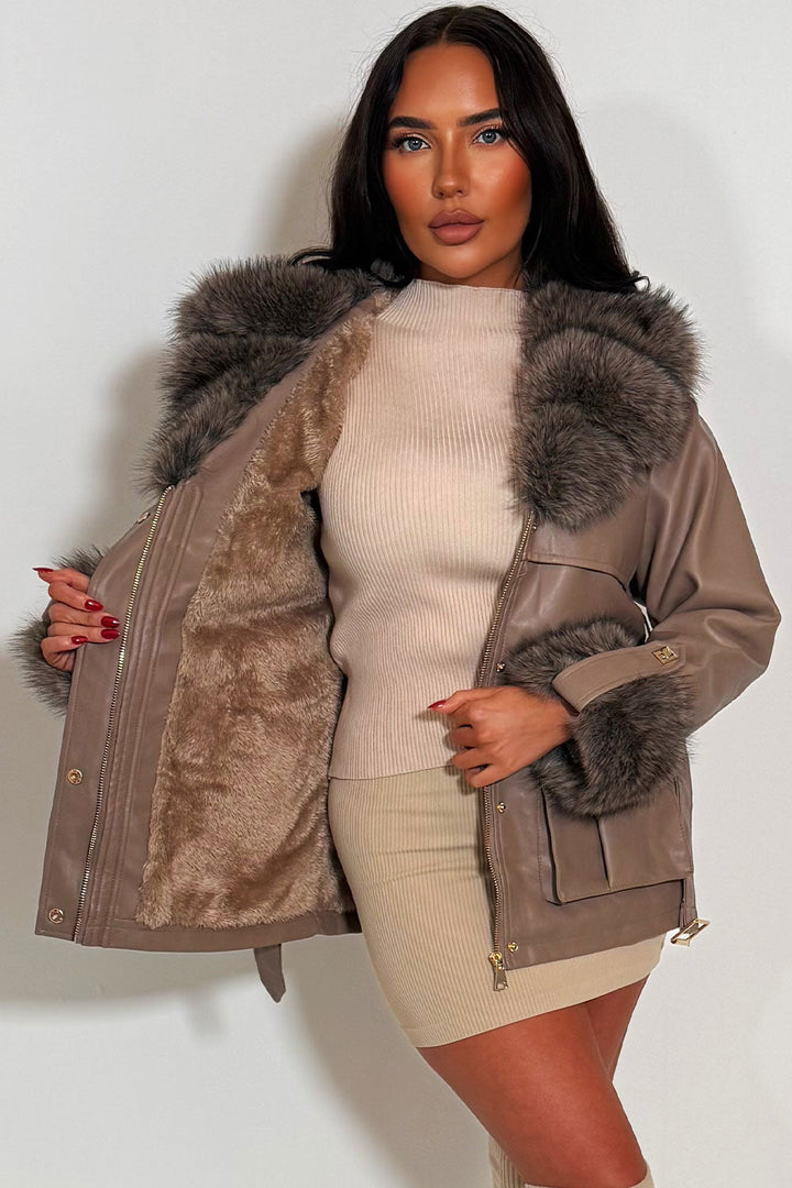 Brisa | Women’s faux leather jacket with faux fur collar and cuffs