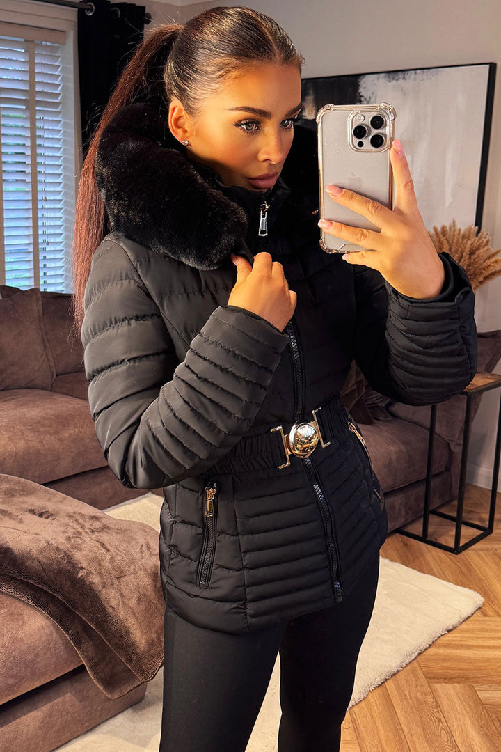 Malina | Women’s belted puffer jacket with faux fur hood