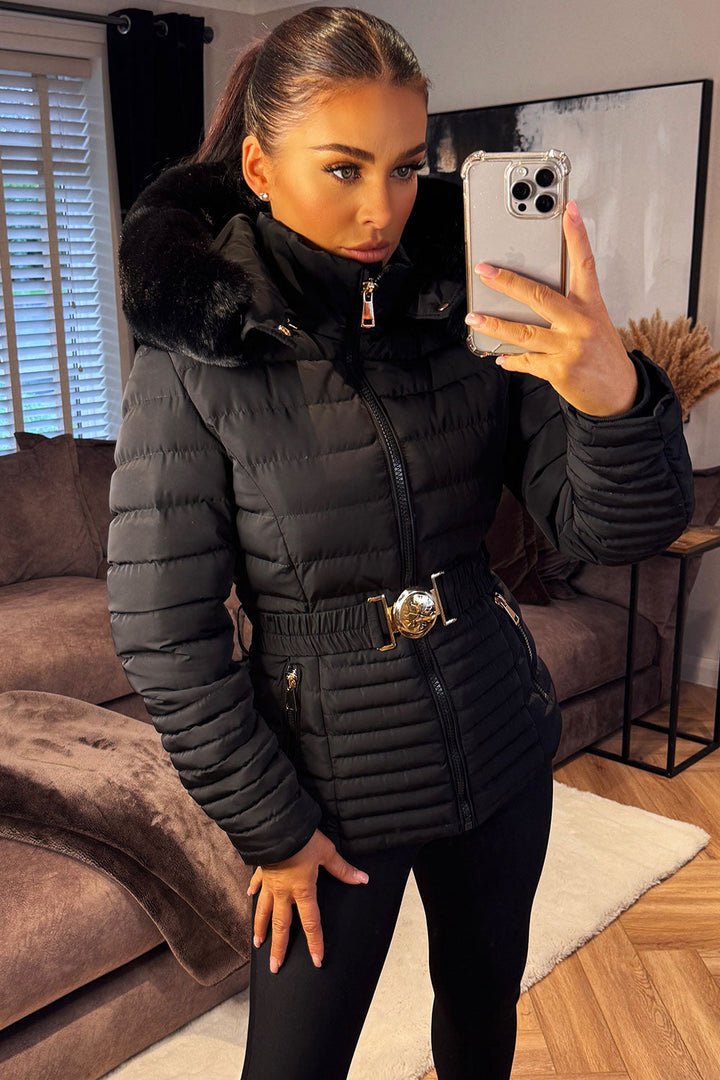 Malina | Women’s belted puffer jacket with faux fur hood