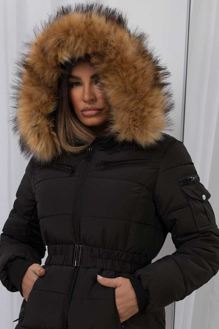 Maisyn | Women’s belted puffer jacket with faux fur hood