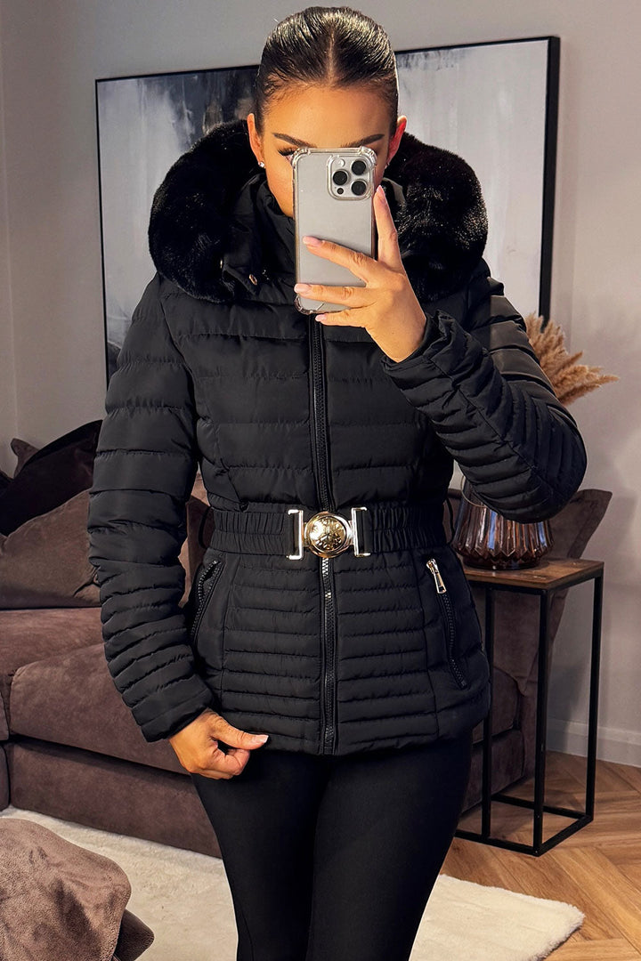 Malina | Women’s belted puffer jacket with faux fur hood