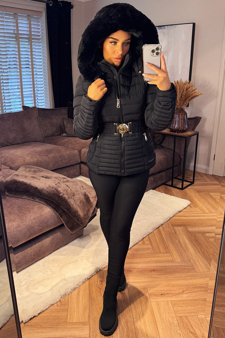 Malina | Women’s belted puffer jacket with faux fur hood