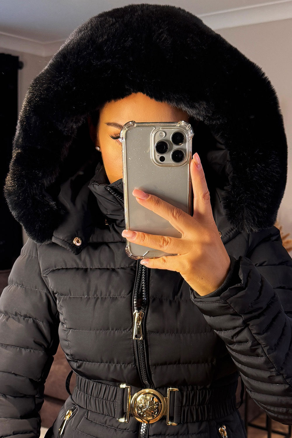 Malina | Women’s belted puffer jacket with faux fur hood