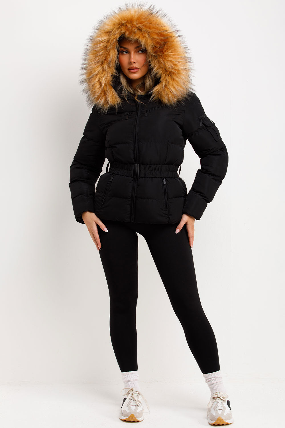Maisyn | Women’s belted puffer jacket with faux fur hood