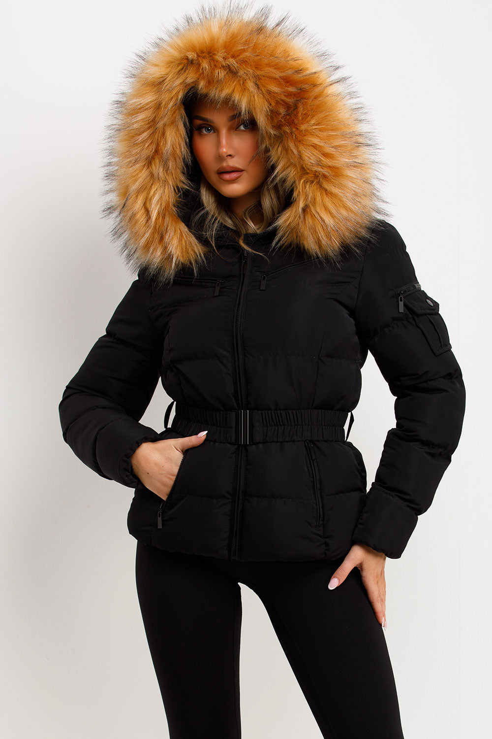 Maisyn | Women’s belted puffer jacket with faux fur hood