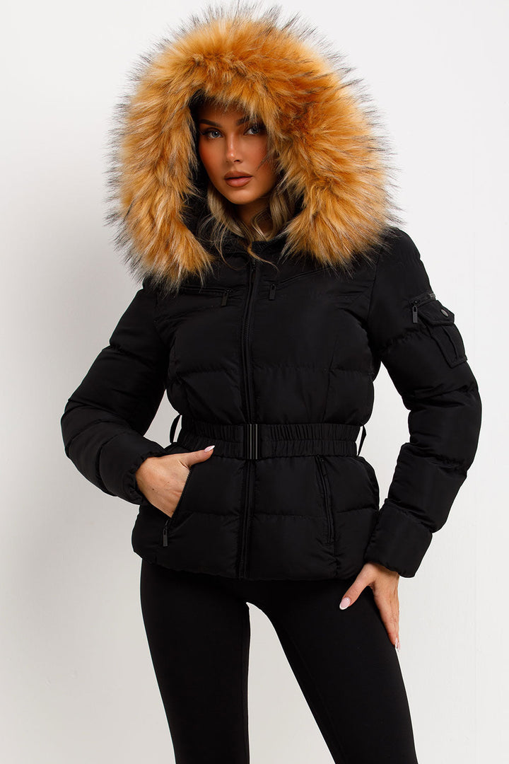 Maisyn | Women’s belted puffer jacket with faux fur hood