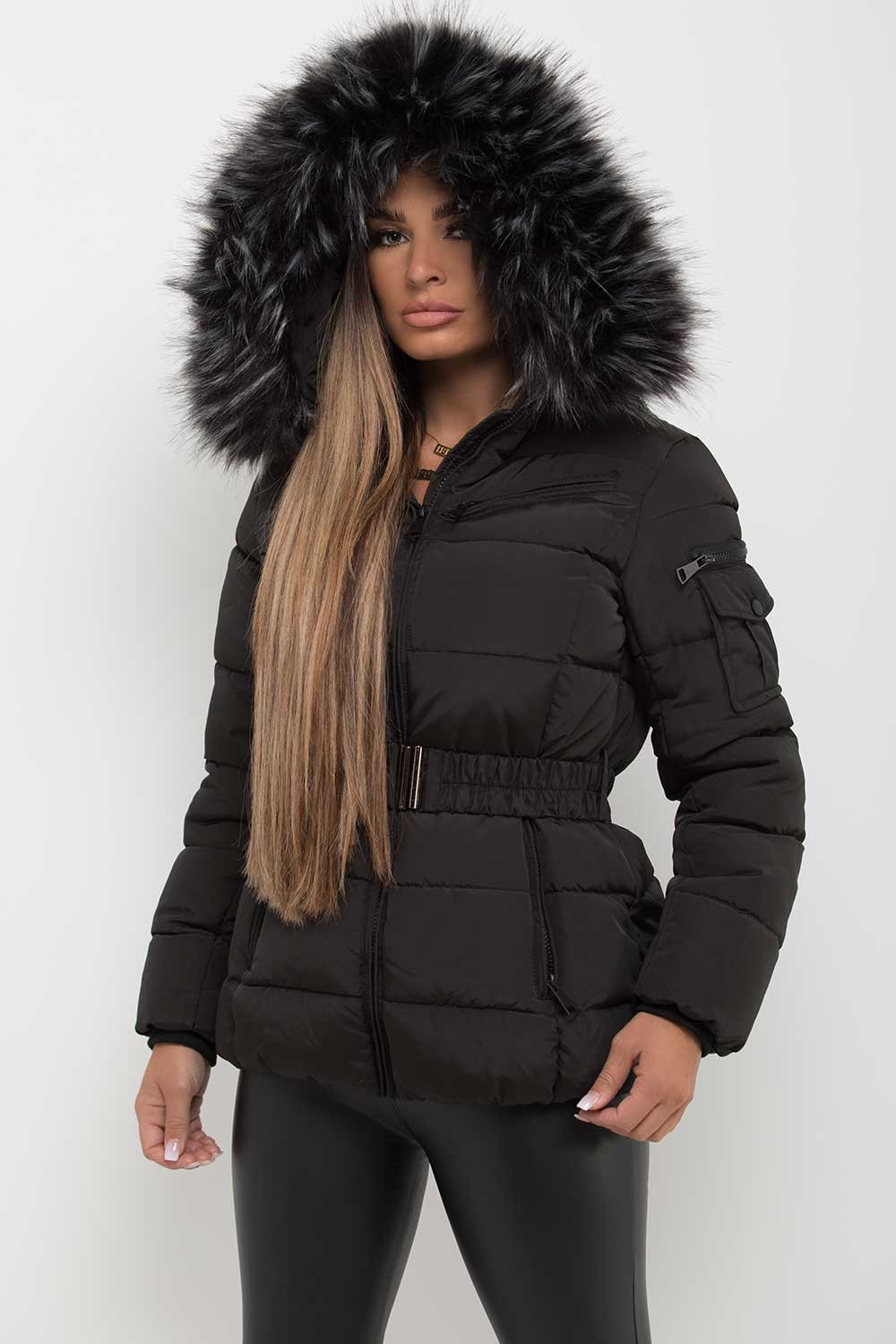 Lux | Women’s belted puffer jacket with faux-fur hood