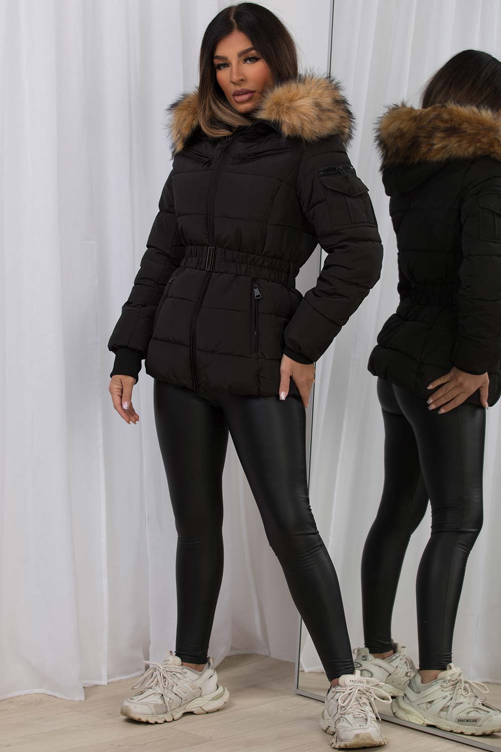 Maisyn | Women’s belted puffer jacket with faux fur hood