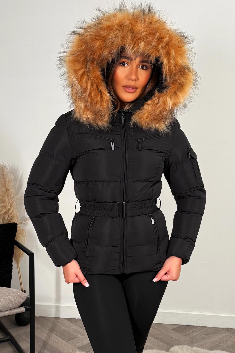 Maisyn | Women’s belted puffer jacket with faux fur hood