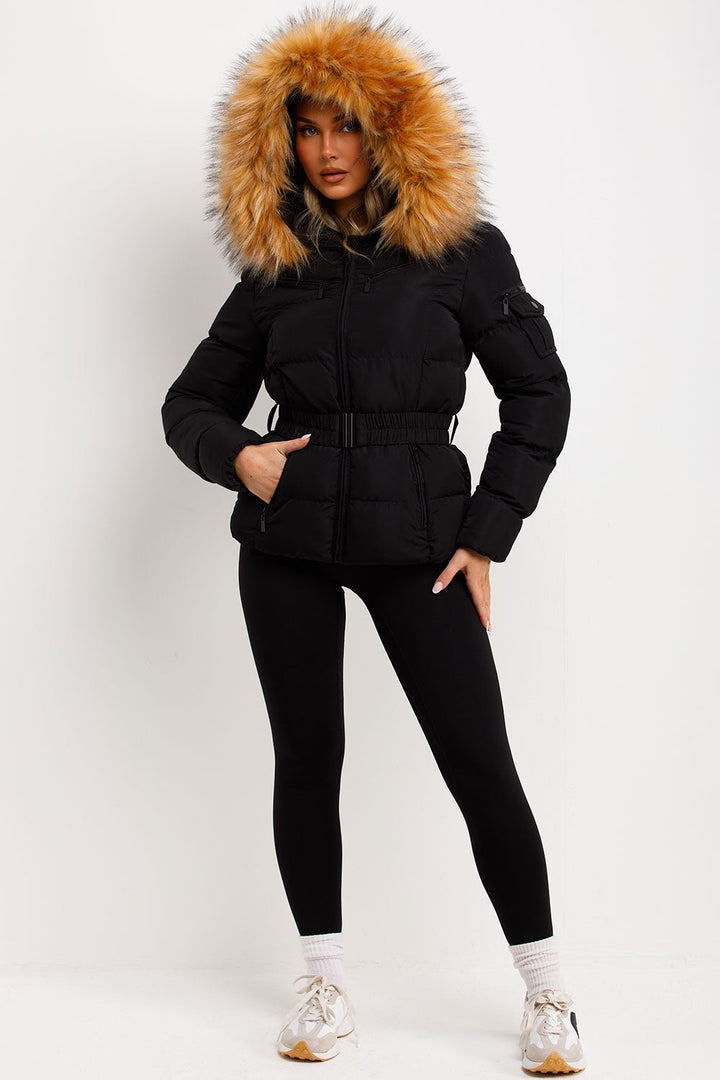 Maisyn | Women’s belted puffer jacket with faux fur hood