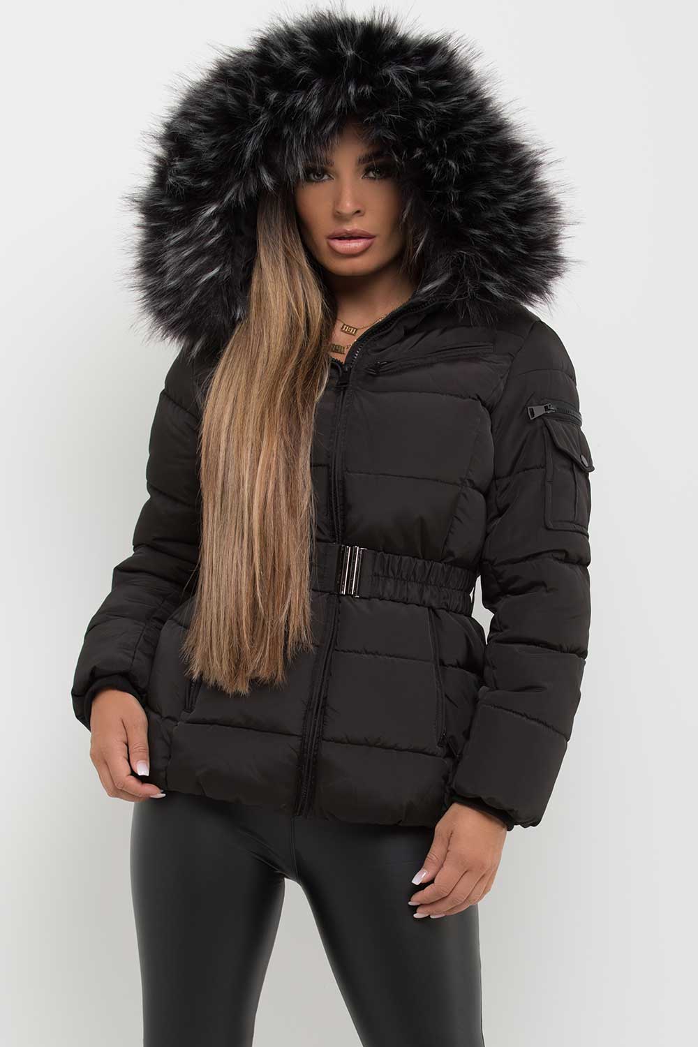 Lux | Women’s belted puffer jacket with faux-fur hood