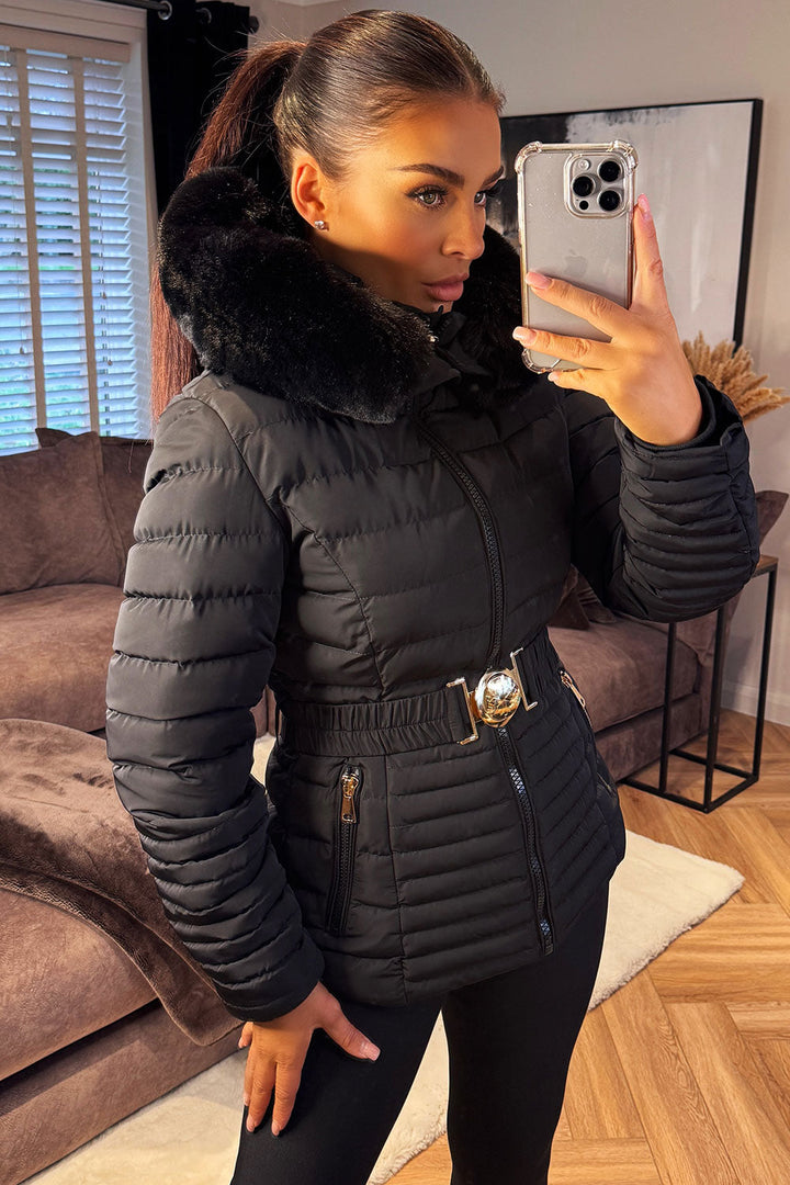 Malina | Women’s belted puffer jacket with faux fur hood