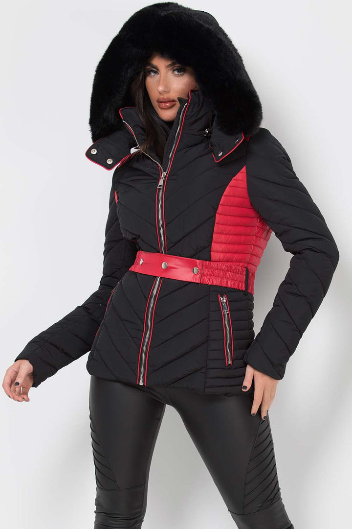 Zyriah | Women’s puffer jacket with faux fur hood and belt
