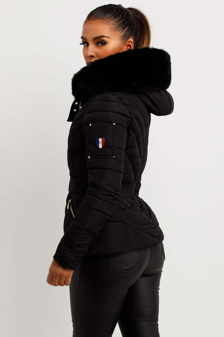 Febby | Women’s belted puffer jacket with faux-fur hood