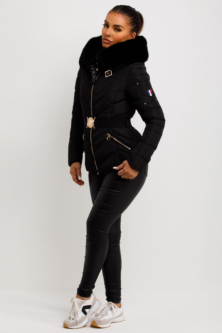 Febby | Women’s belted puffer jacket with faux-fur hood