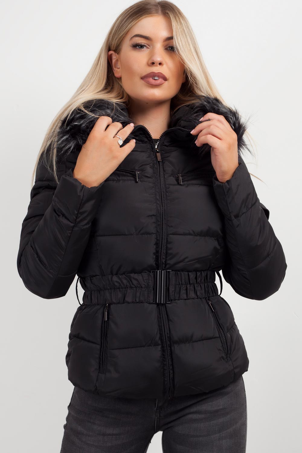 Lux | Women’s belted puffer jacket with faux-fur hood