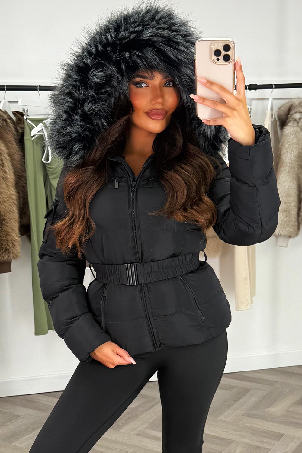 Lux | Women’s belted puffer jacket with faux-fur hood