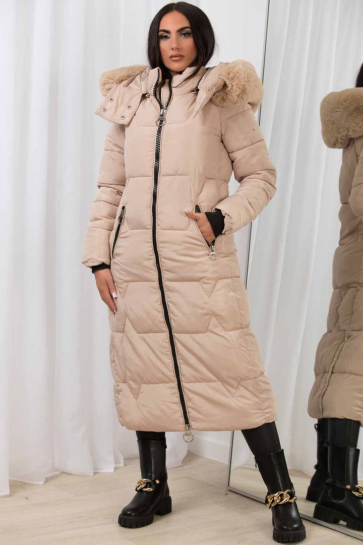 Celestra | Women’s long puffer coat with faux fur hood