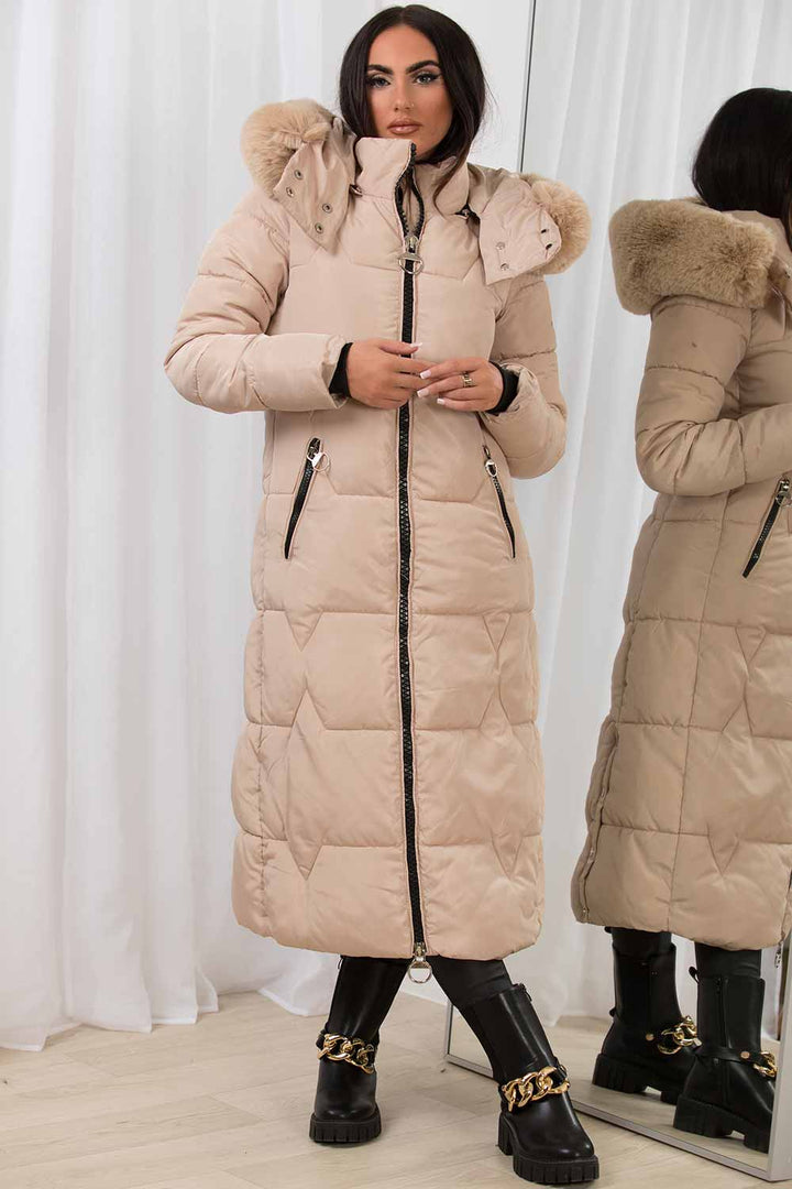 Celestra | Women’s long puffer coat with faux fur hood