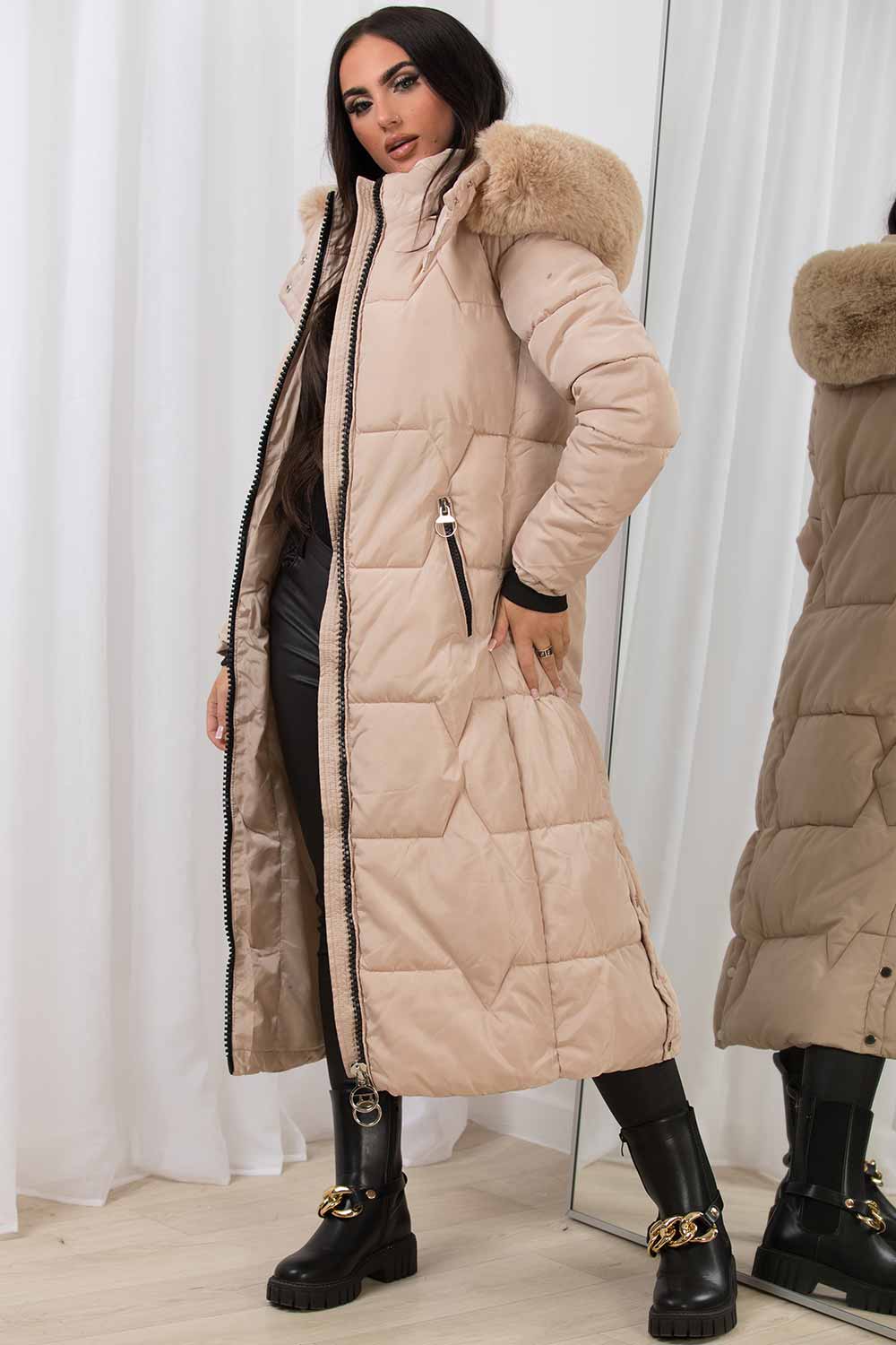 Celestra | Women’s long puffer coat with faux fur hood
