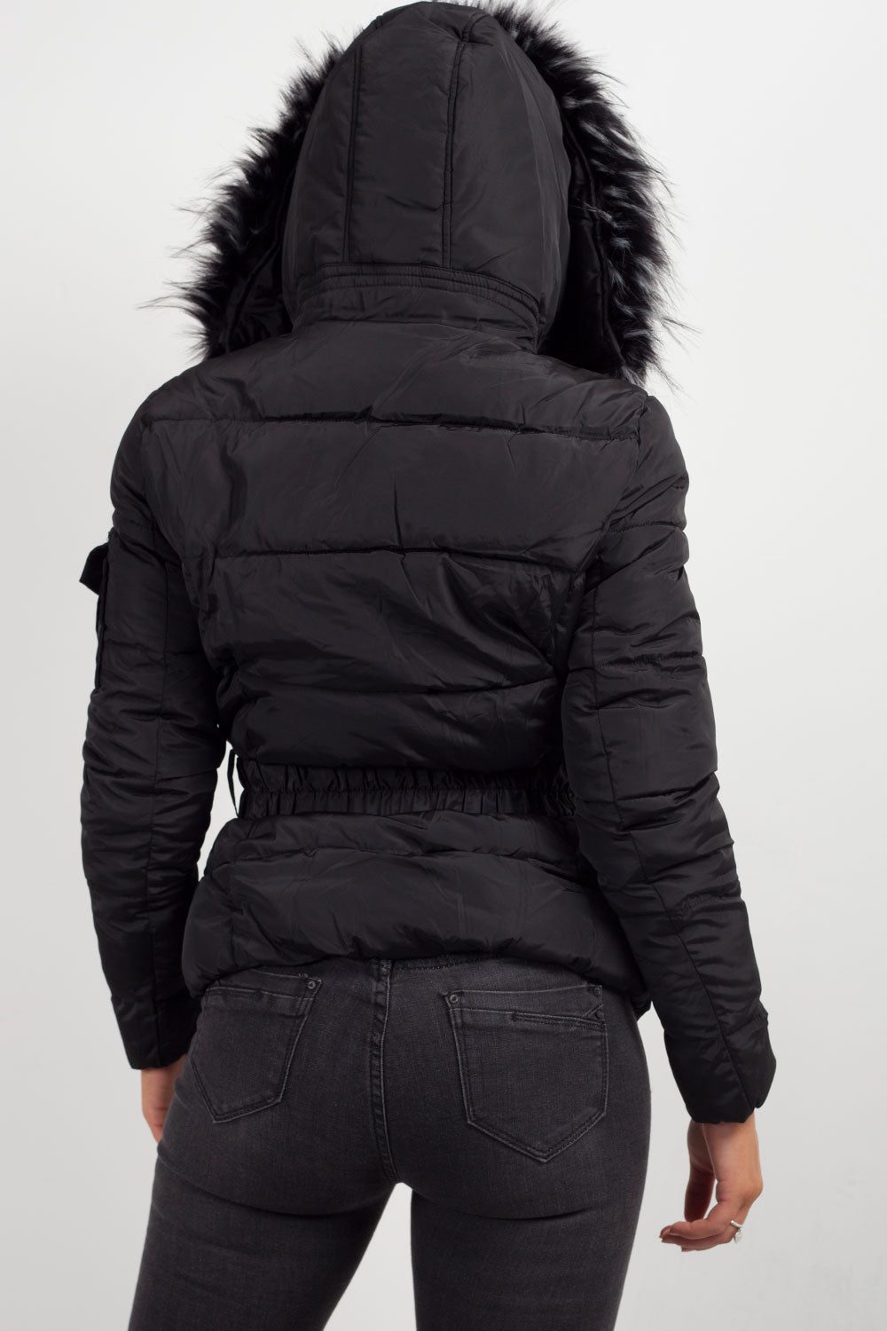 Lux | Women’s belted puffer jacket with faux-fur hood